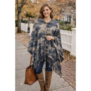 Camouflage Button Up Poncho Wrap Scarf Shawl Soft Knit Fringe Blanket Winter OS